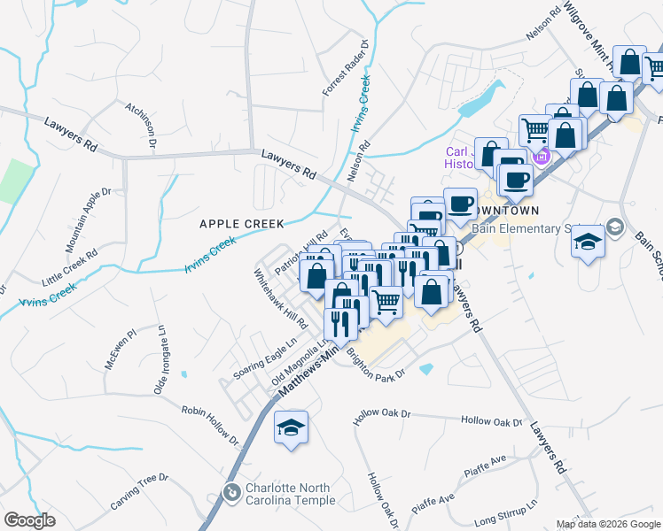 map of restaurants, bars, coffee shops, grocery stores, and more near 10842 Kemptown Square South in Mint Hill