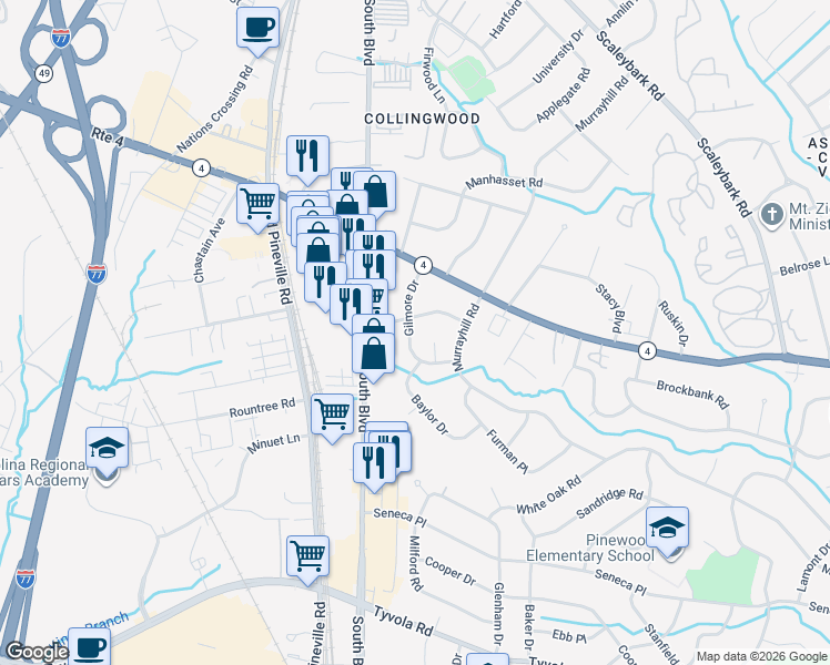 map of restaurants, bars, coffee shops, grocery stores, and more near 4805 Gilmore Drive in Charlotte