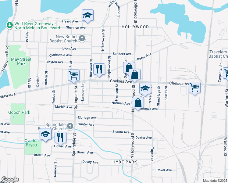 map of restaurants, bars, coffee shops, grocery stores, and more near 2387 Hubbard Avenue in Memphis