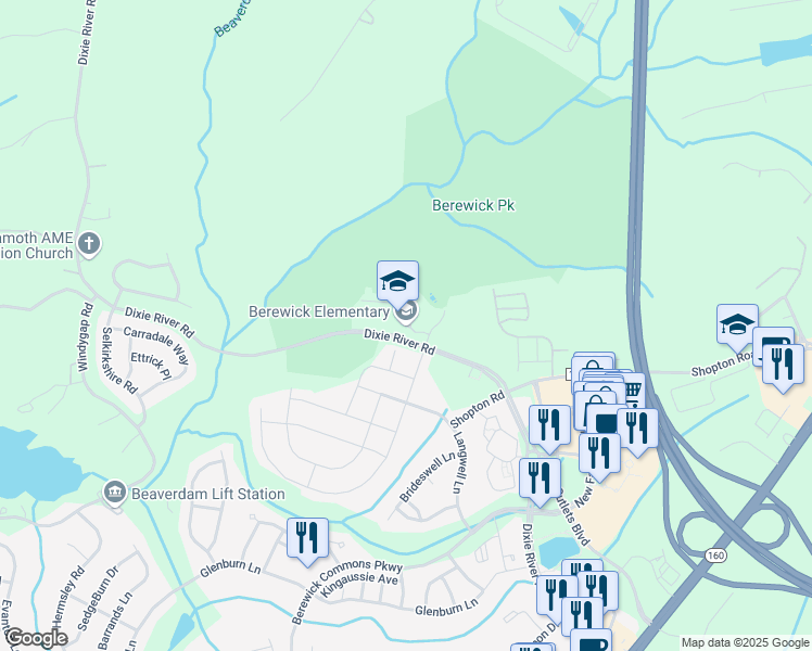 map of restaurants, bars, coffee shops, grocery stores, and more near 5910 Dixie River Road in Charlotte