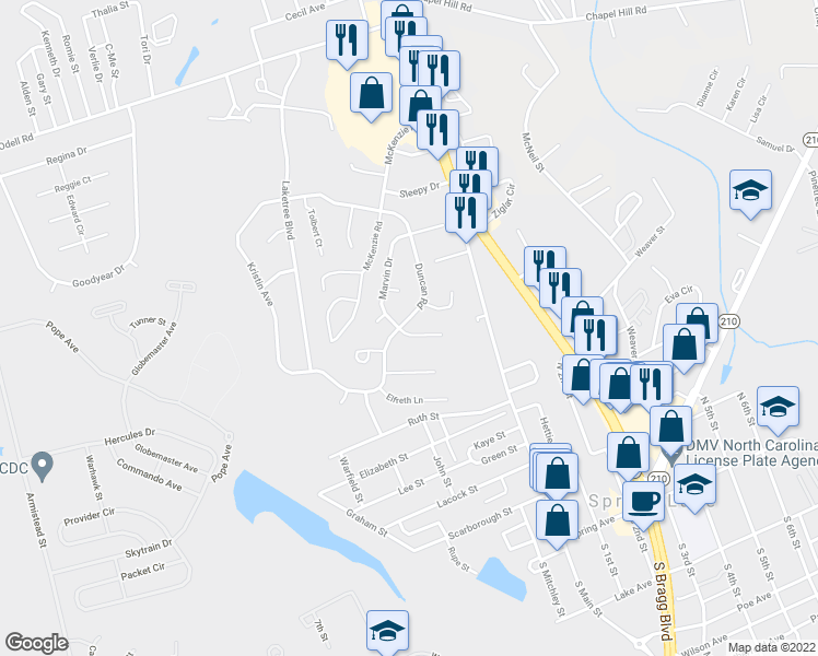 map of restaurants, bars, coffee shops, grocery stores, and more near 101 Carmichael Lane in Spring Lake