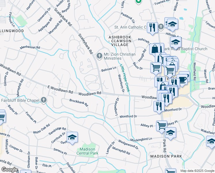 map of restaurants, bars, coffee shops, grocery stores, and more near 1221 Scaleybark Road in Charlotte