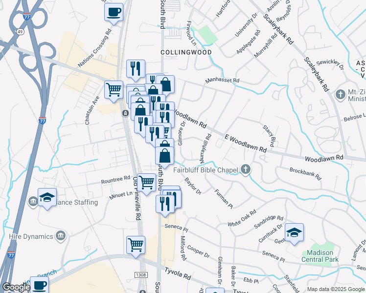 map of restaurants, bars, coffee shops, grocery stores, and more near 4805 Gilmore Drive in Charlotte