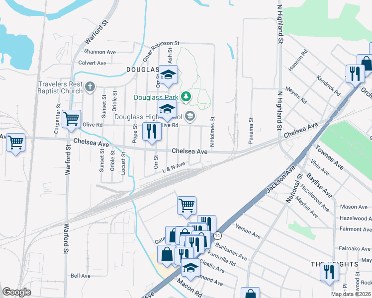 map of restaurants, bars, coffee shops, grocery stores, and more near 3240 Chelsea Avenue in Memphis