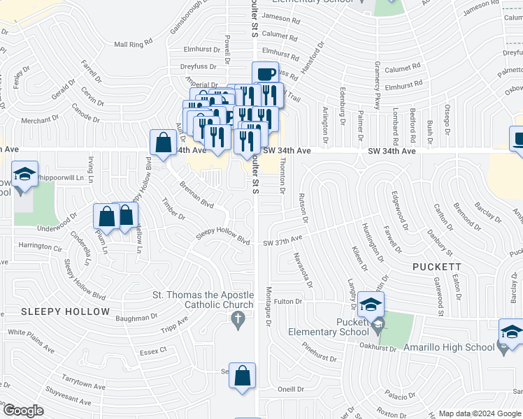 map of restaurants, bars, coffee shops, grocery stores, and more near 7209 Southwest 36th Avenue in Amarillo
