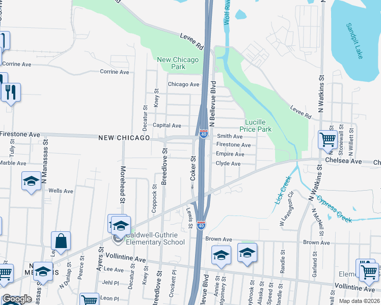 map of restaurants, bars, coffee shops, grocery stores, and more near 1239 Coker Street in Memphis