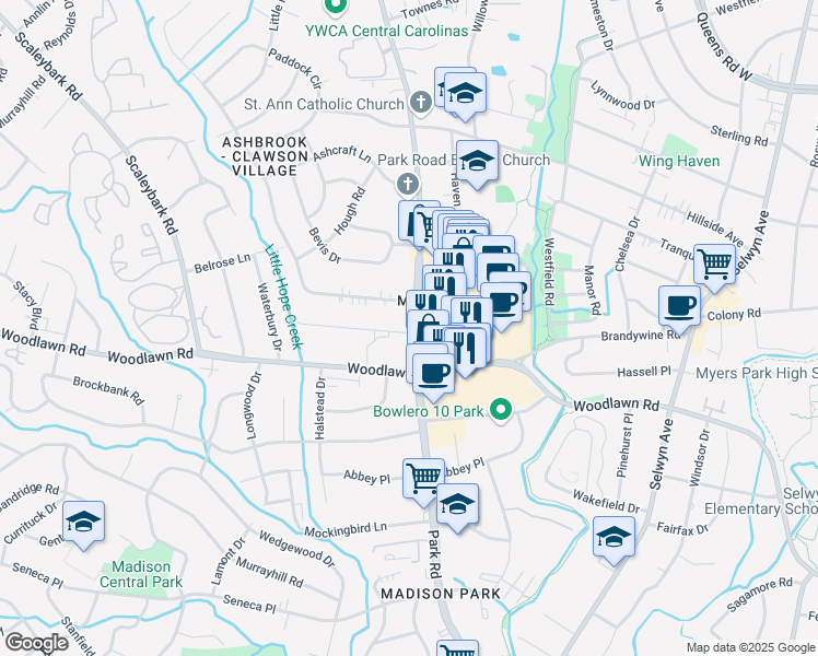 map of restaurants, bars, coffee shops, grocery stores, and more near 4304 Park Road in Charlotte