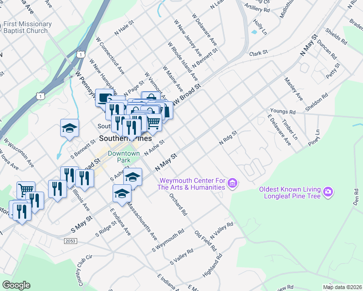 map of restaurants, bars, coffee shops, grocery stores, and more near 310 North May Street in Southern Pines