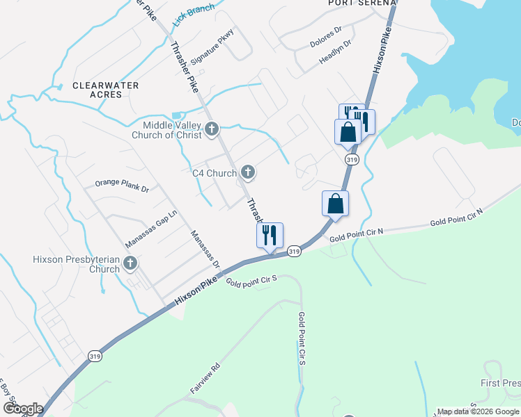 map of restaurants, bars, coffee shops, grocery stores, and more near 7327 Hixson Pike in Middle Valley