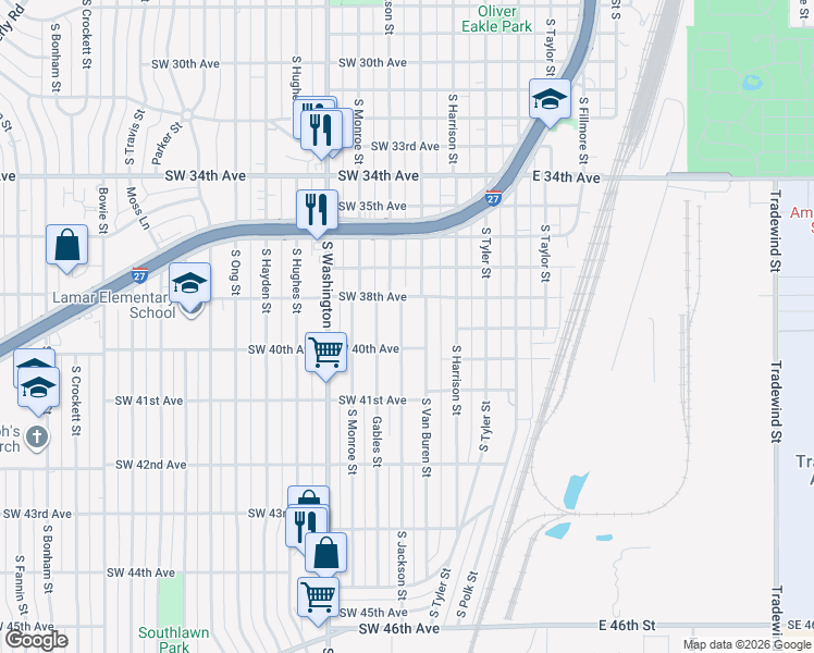 map of restaurants, bars, coffee shops, grocery stores, and more near 3813 South Jackson Street in Amarillo