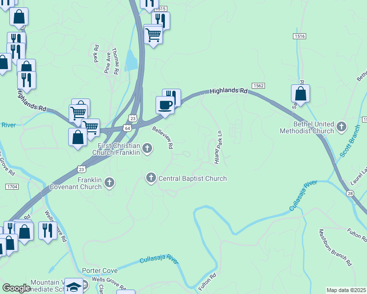 map of restaurants, bars, coffee shops, grocery stores, and more near 66 Belleview Oak Circle in Franklin