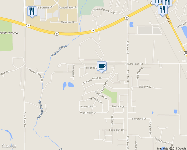 map of restaurants, bars, coffee shops, grocery stores, and more near 804 Hawks Nest Dr in Norman