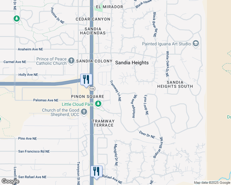 map of restaurants, bars, coffee shops, grocery stores, and more near 897 Tramway Lane Northeast in Albuquerque