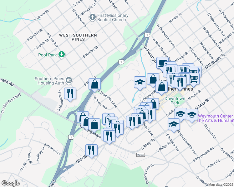 map of restaurants, bars, coffee shops, grocery stores, and more near 580 Kensington Road in Southern Pines