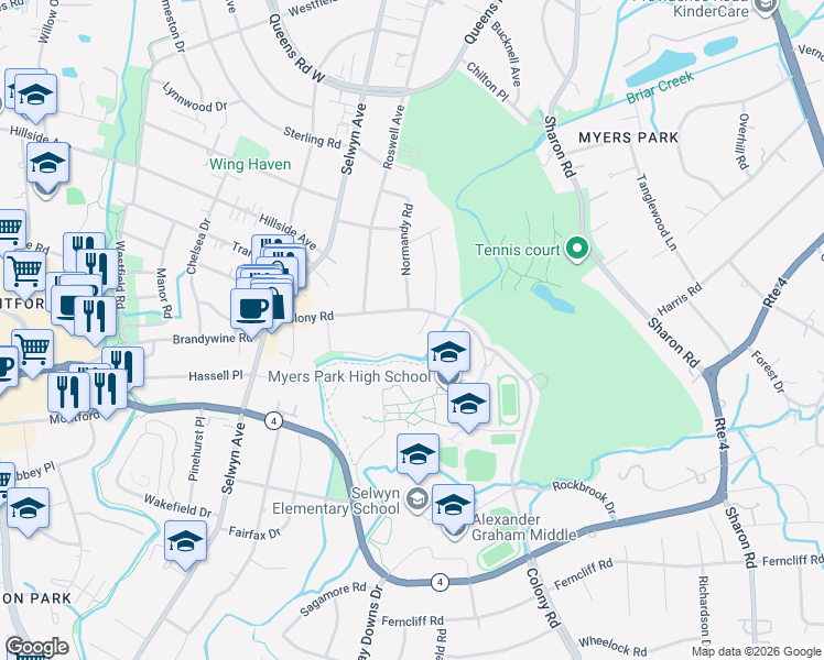 map of restaurants, bars, coffee shops, grocery stores, and more near 2816 Greenbriar Rd in Charlotte