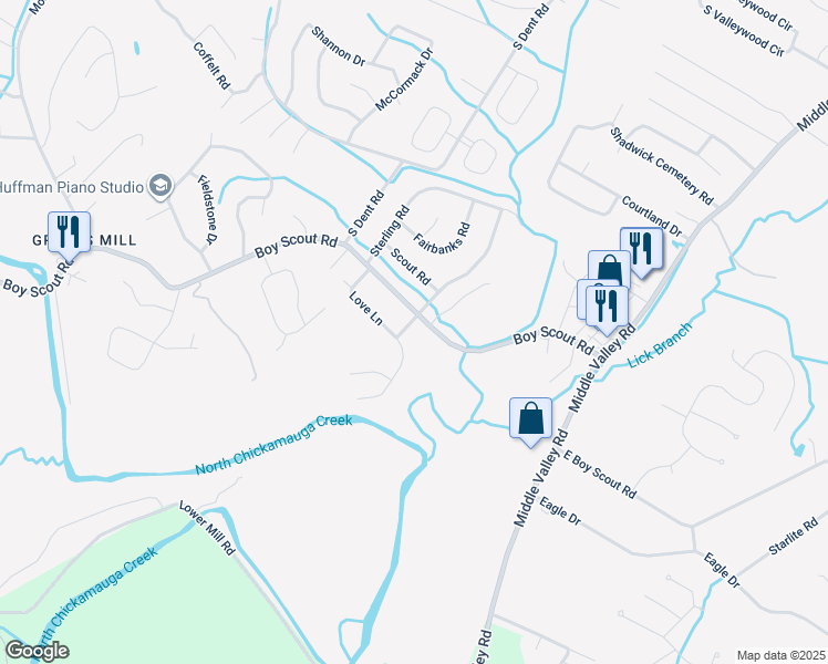 map of restaurants, bars, coffee shops, grocery stores, and more near 7343 Sterling Road in Middle Valley