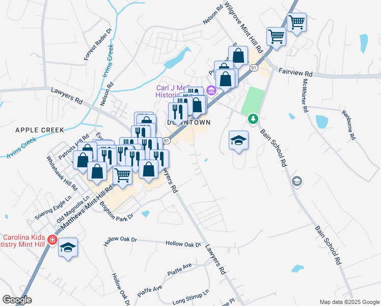 map of restaurants, bars, coffee shops, grocery stores, and more near 11420 Cresthill Drive in Mint Hill