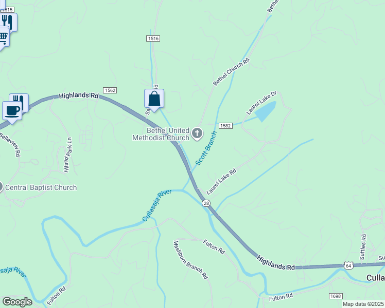 map of restaurants, bars, coffee shops, grocery stores, and more near 2472 Highlands Road in Franklin