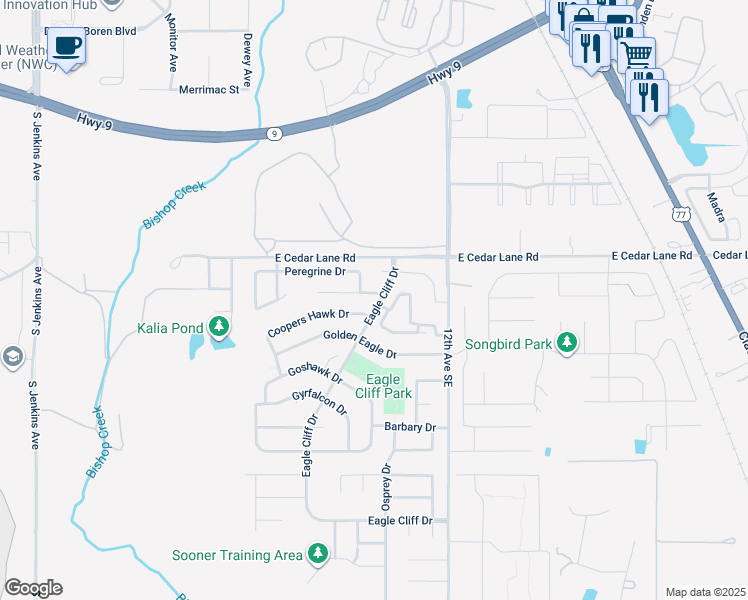 map of restaurants, bars, coffee shops, grocery stores, and more near 908 Hawks Nest Drive in Norman