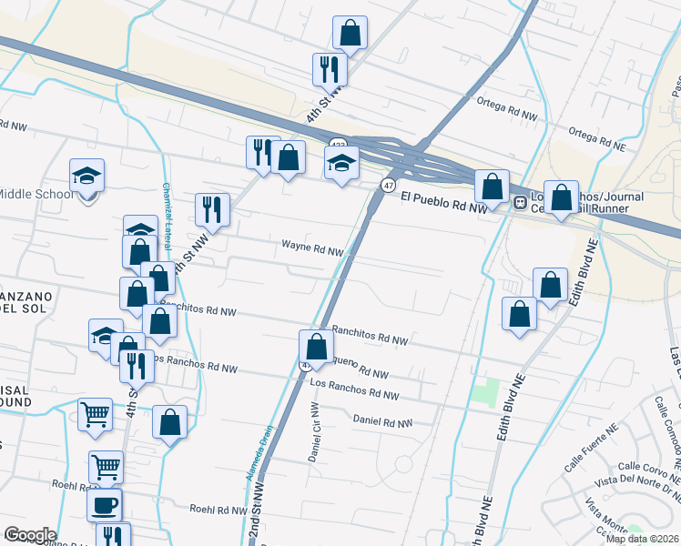 map of restaurants, bars, coffee shops, grocery stores, and more near 201 Horton Lane Northwest in North Valley