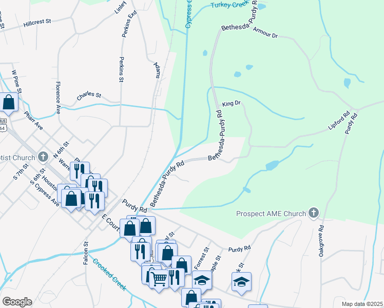 map of restaurants, bars, coffee shops, grocery stores, and more near 324 Bethesda-Purdy Road in Selmer