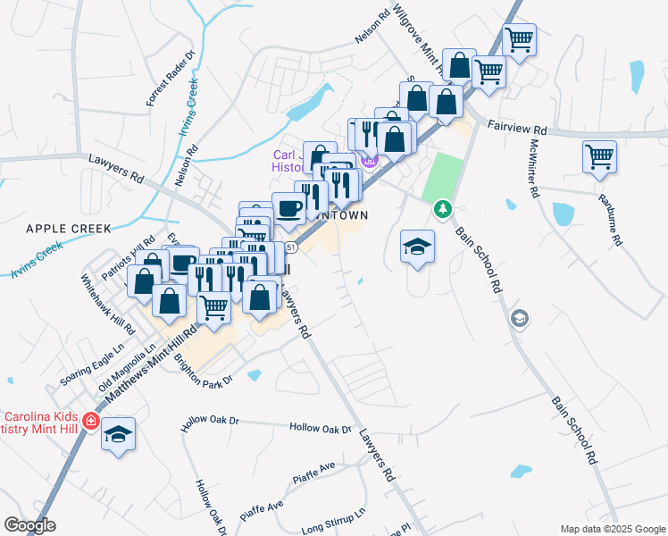 map of restaurants, bars, coffee shops, grocery stores, and more near 11420 Cresthill Drive in Mint Hill