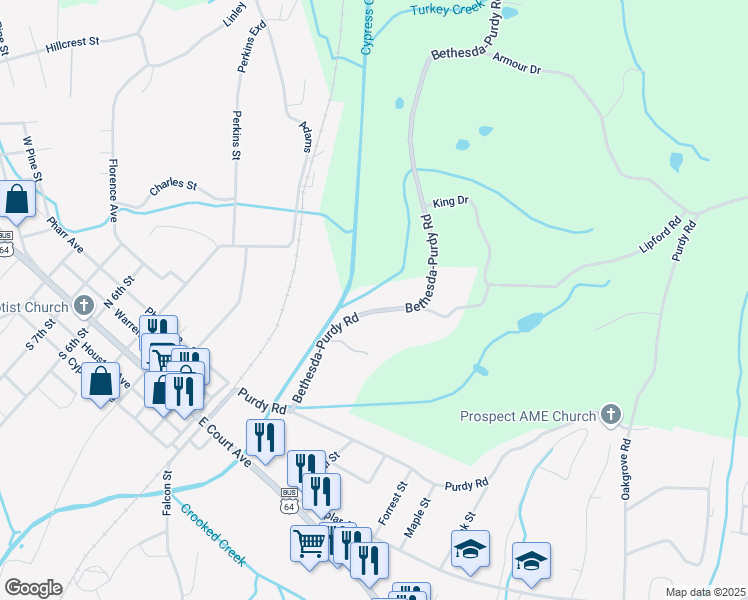 map of restaurants, bars, coffee shops, grocery stores, and more near 324 Bethesda-Purdy Road in Selmer