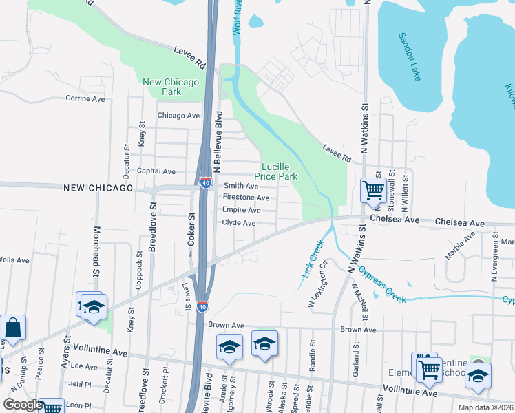 map of restaurants, bars, coffee shops, grocery stores, and more near 1256 Empire Avenue in Memphis