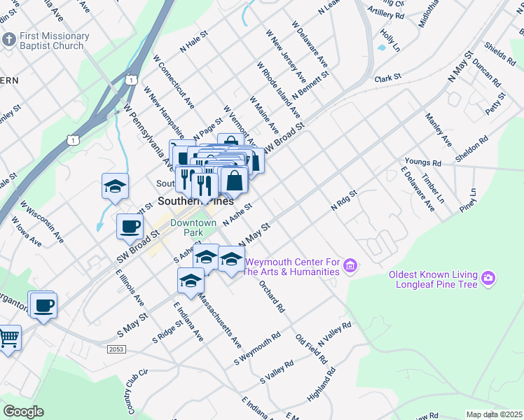 map of restaurants, bars, coffee shops, grocery stores, and more near 240 East Connecticut Avenue in Southern Pines