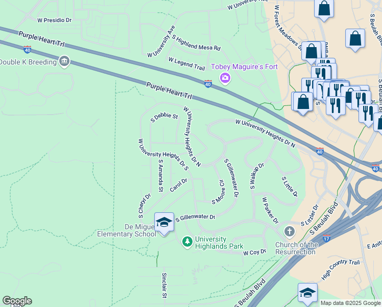 map of restaurants, bars, coffee shops, grocery stores, and more near 1573 West University Heights Drive North in Flagstaff