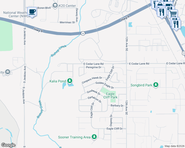 map of restaurants, bars, coffee shops, grocery stores, and more near 804 Hawks Nest Drive in Norman
