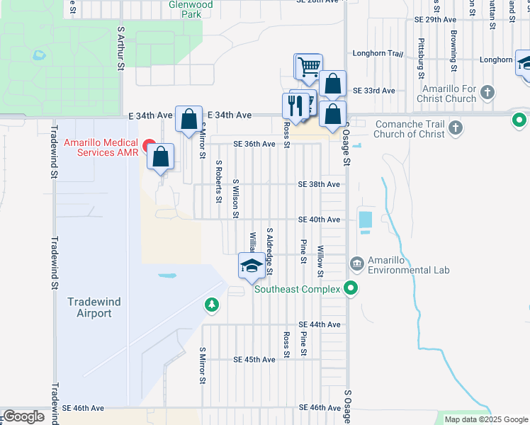 map of restaurants, bars, coffee shops, grocery stores, and more near 3816 South Aldredge Street in Amarillo