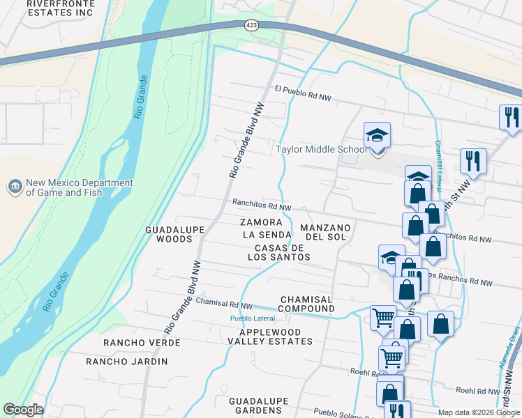 map of restaurants, bars, coffee shops, grocery stores, and more near 7816 Rio Grande Boulevard Northwest in Los Ranchos de Albuquerque
