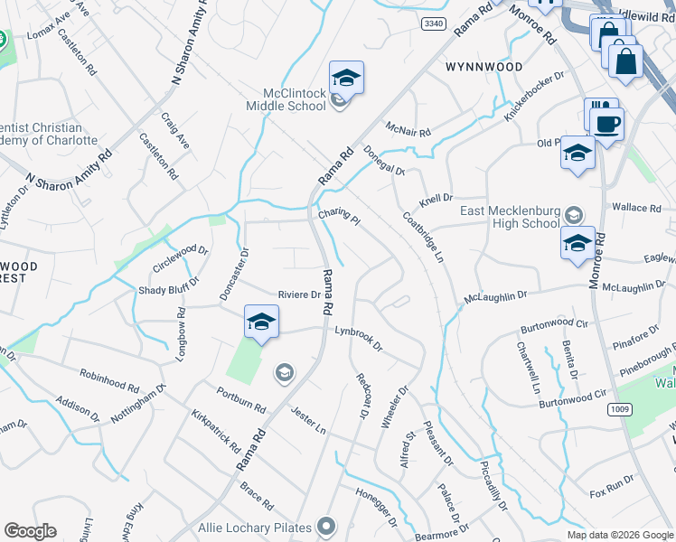 map of restaurants, bars, coffee shops, grocery stores, and more near 1412 Rama Road in Charlotte