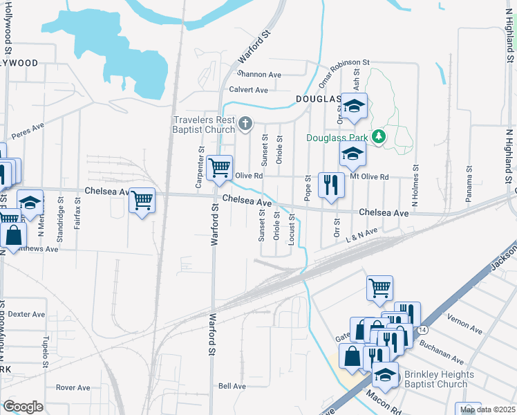 map of restaurants, bars, coffee shops, grocery stores, and more near 1499 Sunset Street in Memphis