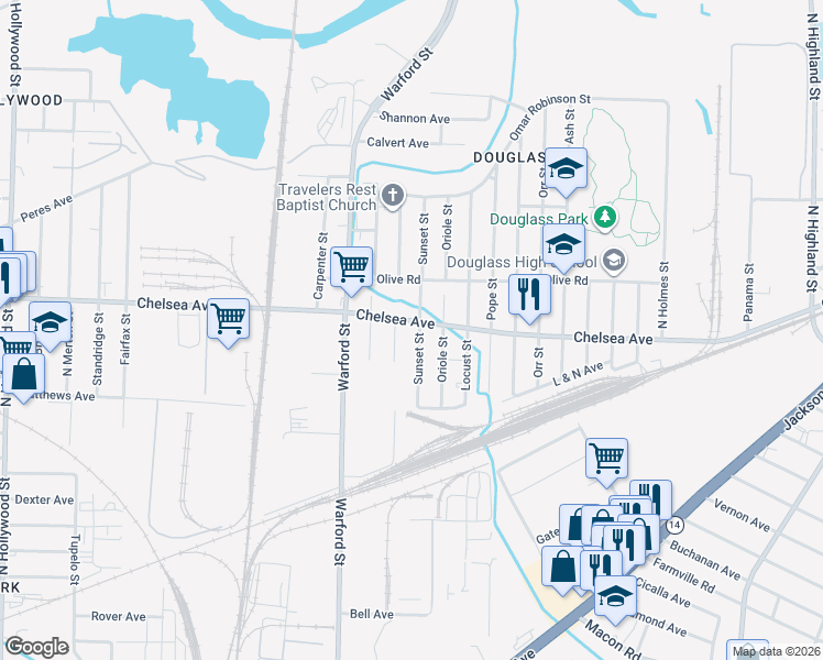 map of restaurants, bars, coffee shops, grocery stores, and more near 1499 Sunset Street in Memphis