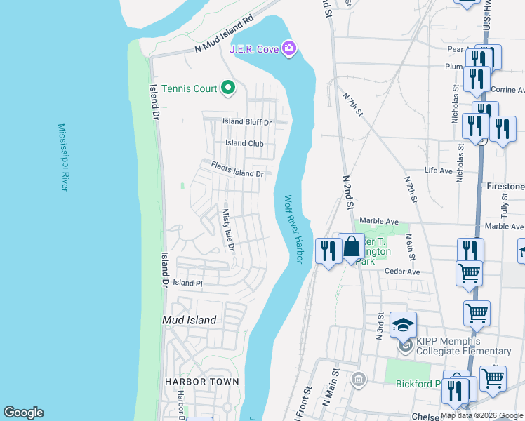 map of restaurants, bars, coffee shops, grocery stores, and more near 1220 Harbor River Drive in Memphis