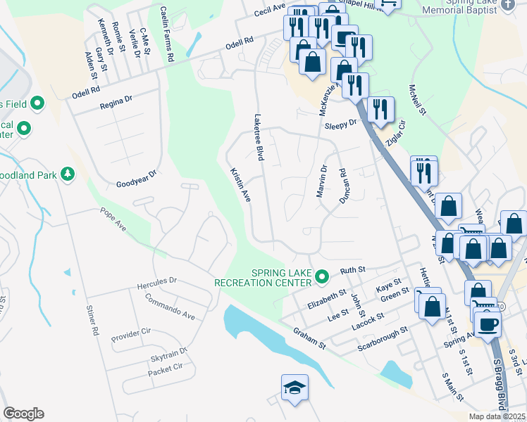 map of restaurants, bars, coffee shops, grocery stores, and more near 314 Laketree Boulevard in Spring Lake