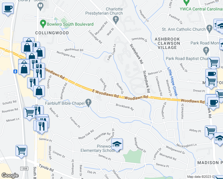 map of restaurants, bars, coffee shops, grocery stores, and more near 4318 Darwin Circle in Charlotte
