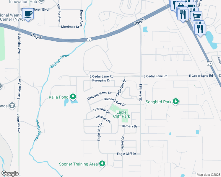 map of restaurants, bars, coffee shops, grocery stores, and more near 828 Hawks Nest Dr in Norman