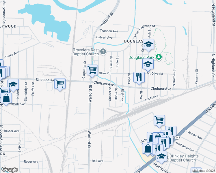 map of restaurants, bars, coffee shops, grocery stores, and more near 1499 Sunset Street in Memphis