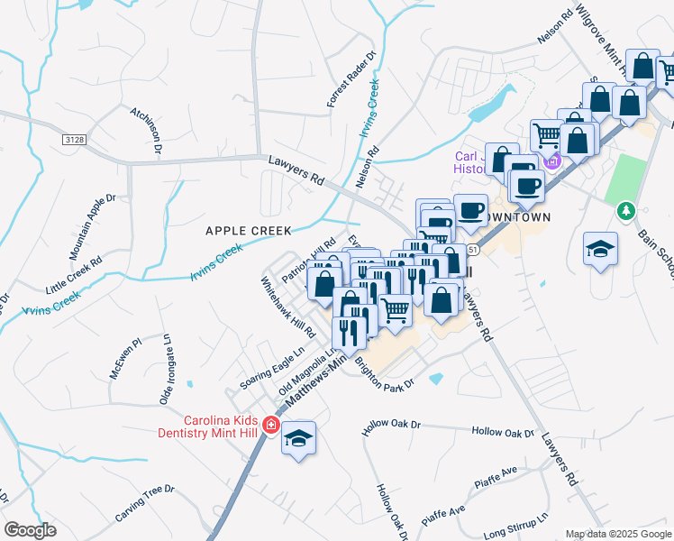 map of restaurants, bars, coffee shops, grocery stores, and more near 10842 Kemptown Square South in Mint Hill