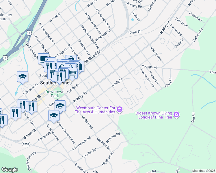 map of restaurants, bars, coffee shops, grocery stores, and more near 460 North Ridge Street in Southern Pines