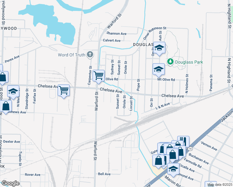 map of restaurants, bars, coffee shops, grocery stores, and more near 1499 Sunset Street in Memphis