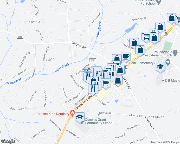 map of restaurants, bars, coffee shops, grocery stores, and more near 10842 Kemptown Square South in Mint Hill
