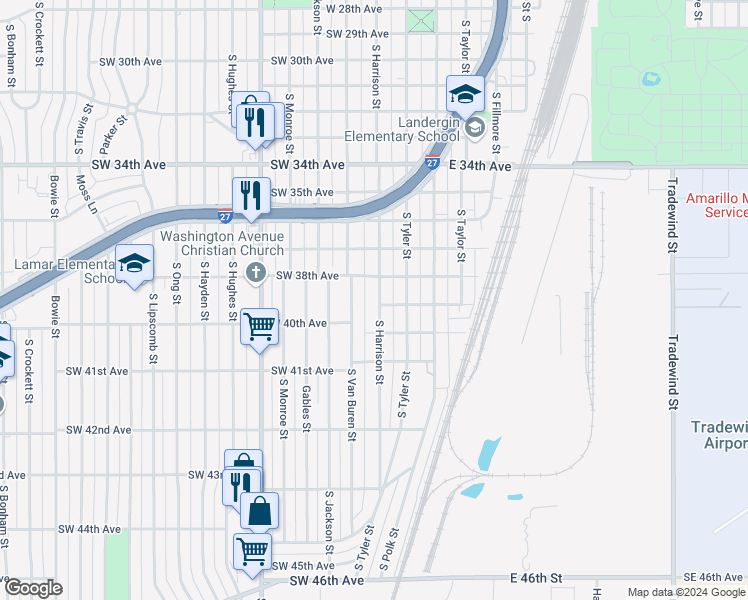 map of restaurants, bars, coffee shops, grocery stores, and more near 3810 South Harrison Street in Amarillo
