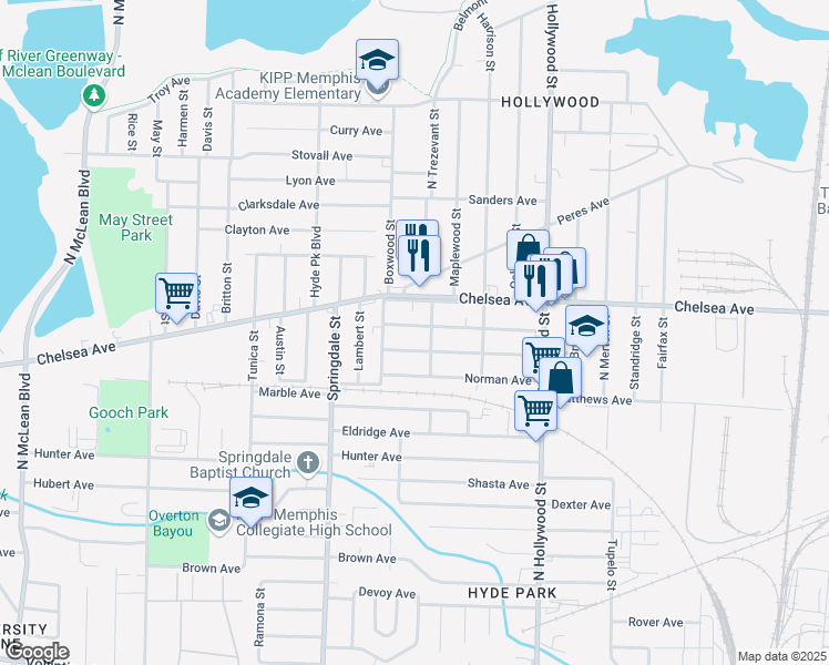 map of restaurants, bars, coffee shops, grocery stores, and more near 2299 Hubbard Avenue in Memphis