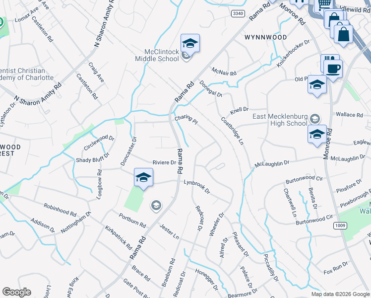 map of restaurants, bars, coffee shops, grocery stores, and more near 1412 Rama Road in Charlotte