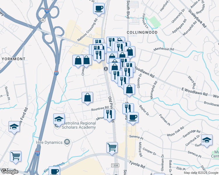 map of restaurants, bars, coffee shops, grocery stores, and more near 4901 Old Pineville Road in Charlotte