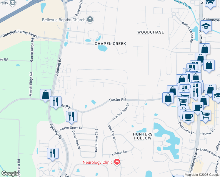 map of restaurants, bars, coffee shops, grocery stores, and more near 1766 Chapel Creek Cove in Memphis
